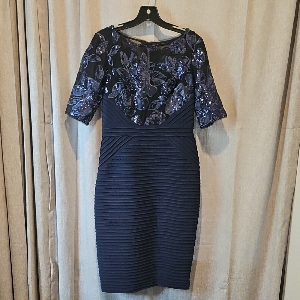 Adrianna Papell Blue Lace and Sequin Embellished 1/2 Sleeve Midi Sheath Dress